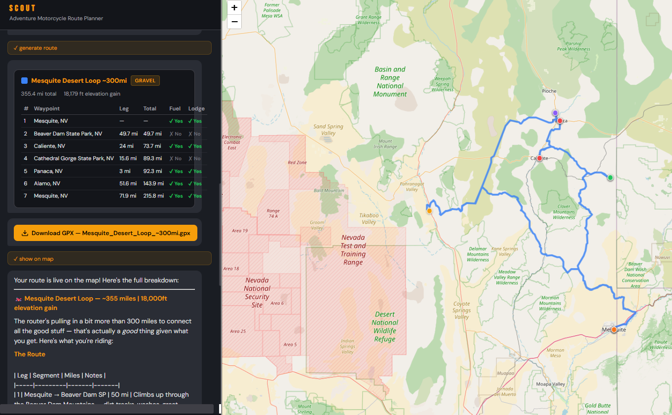TrackScout planning the Mesquite Desert Loop — route on map with waypoint table and GPX download